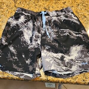 Huk Men’s Black & Gray Camo Swim Trunks with Light Blue Drawstring